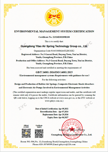 چین Yitao Air Spring Group گواهینامه ها